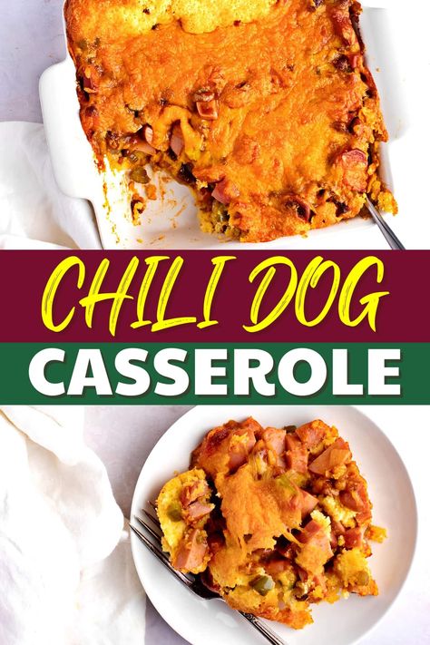 For a hearty meal everyone will love, try this chili dog casserole! The combination of hot dogs, chili, and cheese can't be topped! Chilli Bake Casserole, Chili Corndog Casserole, Chili Corn Dog Casserole, Chili Dog Casserole Cornbread, Hot Dog Cornbread Casserole, Chili Hot Dog Casserole, Chilli Dog Casserole, Chili Casserole Recipes, Hot Dogs Chili