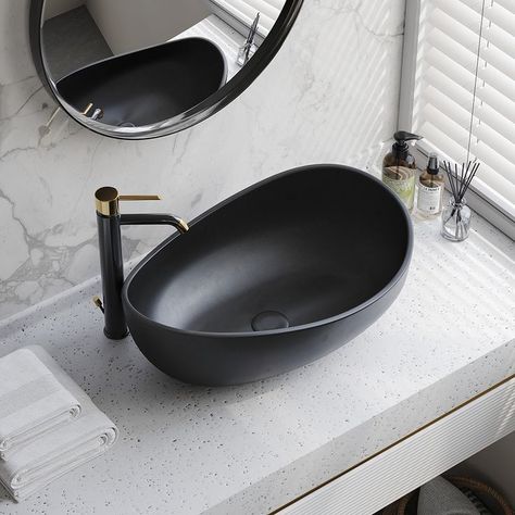 Cool Sinks Bathroom, Black Basin Bathroom, Sparkling White Quartz Countertop, Black Sink Bathroom, Oval Vessel Sink, Ada Sink, Bathroom Stone, Black Bathroom Sink, Bathroom Basins