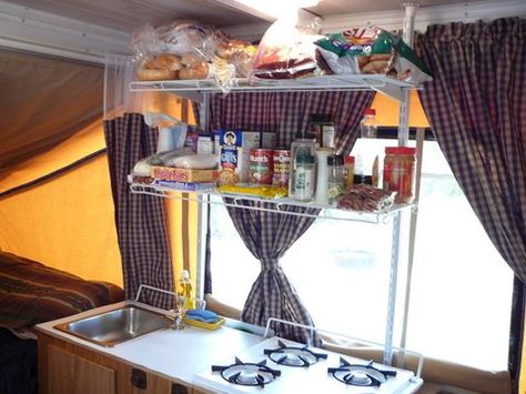 Pop Up Camper Organization | Camping and Gardening: Kitchen Shelf Mod for Pop Up Camper Best Pop Up Campers, Pop Up Camper Ideas, Camper Organization Travel Trailers, Pop Up Camping, Pop Up Campers, Pop Up Ideas, Camper Awnings, Pop Up Trailer, Camper Remodeling