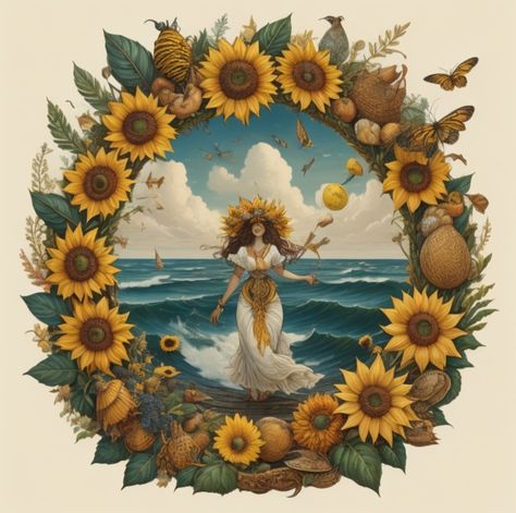 A white background behind a flower wreath of sunflowers and butterflies. Inside the wreath is art of a woman stepping out of the sea wearing a white dress and a large yellow flower crown. Summer Solstice Art, Summer Solstice Aesthetic, Litha Aesthetic, Midsummer Solstice, Litha Summer Solstice, Summer And Winter Solstice, Pagan Calendar, Witchy Aesthetics, Solstice Art