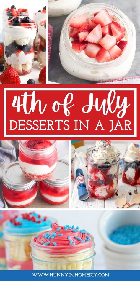 Looking for easy desserts to make this summer? Everyone at your 4th of July party will love these ideas for mason jar recipes. Prepare red, white, and blue recipes in jars to serve your guests this summer. From patriotic no bake treats to layered individual snacks, these easy recipes are perfect for feeding a crowd at your BBQ, picnic, or potluck. Individual 4th Of July Desserts, July 4th Snack Ideas, 4th Of July Bite Size Desserts, Easy 4th Of July Snacks, 4th Of July Dirt Cups, 4th Of July Parfait Desserts, 4th Of July Desserts For A Crowd, Fourth Of July Parfait Desserts, Patriotic Trifle Dessert 4th Of July