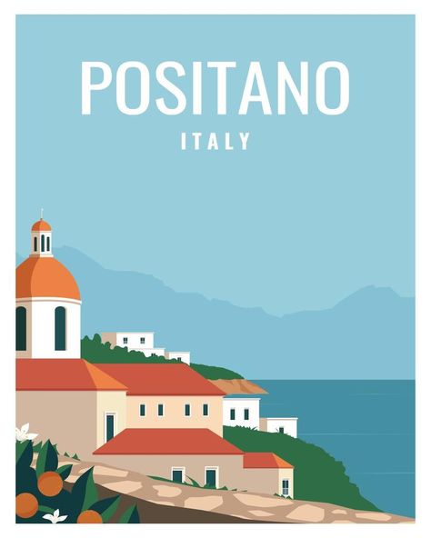 landscape view of Positano on Amalfi Coast Italy. vector illustration background for, poster, postcard, card, art, print Italy Drawing Easy, Amalfi Coast Illustration, Italian Mural, Positano Art, Italy Villages, Background For Poster, Italy Illustration, Photo Book Template, Italy Poster