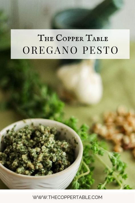 oregano pesto in a small white bowl on a green background Oregano Pesto, Pizza And Pasta, Pizza Base, Brunch Desserts, Tummy Yummy, Basil Recipes, Copper Table, Fresh Oregano, Cooking Guide