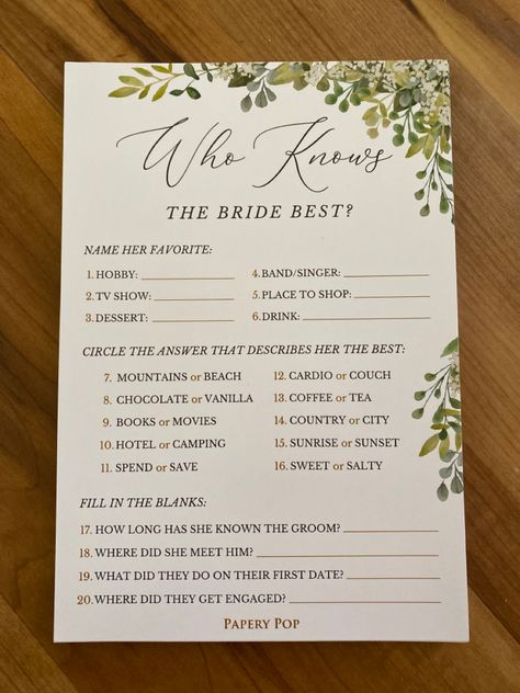 Who Knows Bride Best Game, Bridal Shower Who Knows The Bride Best, Minimal Bridal Shower Games, This Or That Questions Bride, Bridal Party Games Funny, Hens Day Games, Who Knows The Bride Best Printable Free, Who Knows The Bride Best Questions, Bridal Shower Unique Games