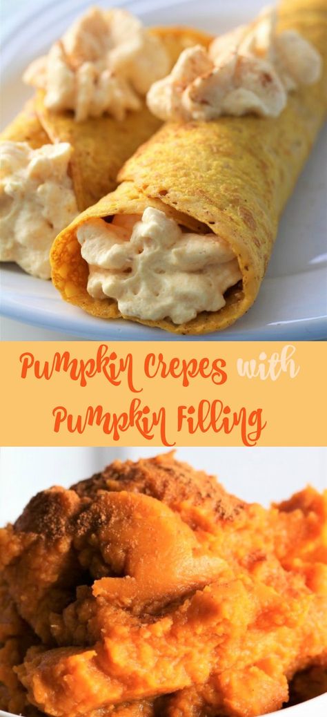 Crepes With Pumpkin Filling, Keto Pumpkin Crepes, Pumpkin Cheesecake Crepes, Fall Crepes Recipe, Pumpkin Crepes Filling, Pumpkin Crepes Recipe, Crapes Recipe Filling, Fall Crepes, Crepe Filling Ideas Savory