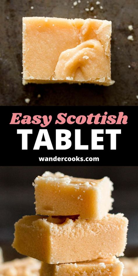 The next best thing since sliced fudge! Homemade Scottish tablet is a simple recipe with only 4 ingredients. Golden crumbly goodness, learn how to make this traditional sweet today. Scottish Tablet Recipes, German Board, Fudge Homemade, Welsh Cakes Recipe, Scottish Desserts, English Toffee Recipe, Candy Homemade, Scottish Tablet, Tablet Recipe