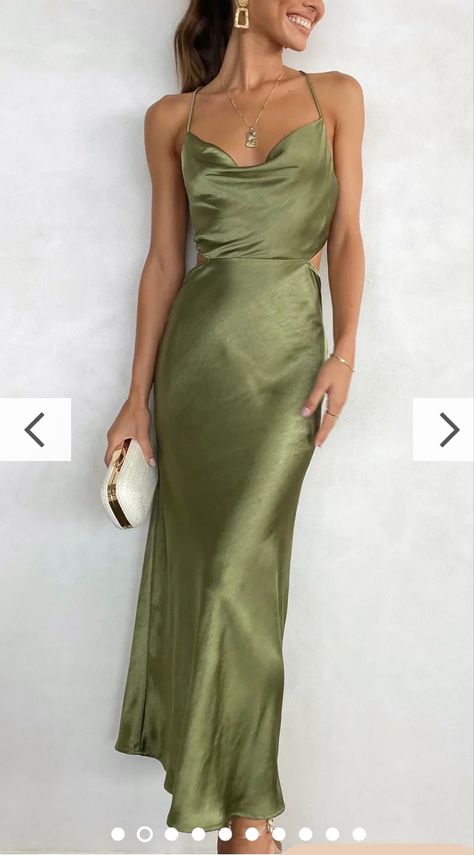 Year 10 Formal Dresses, Green Silk Dresses, Olive Dress, Olive Green Dresses, Gala Dresses, Cowl Neckline, Mid Dresses, Guest Outfit, Black Maxi Dress