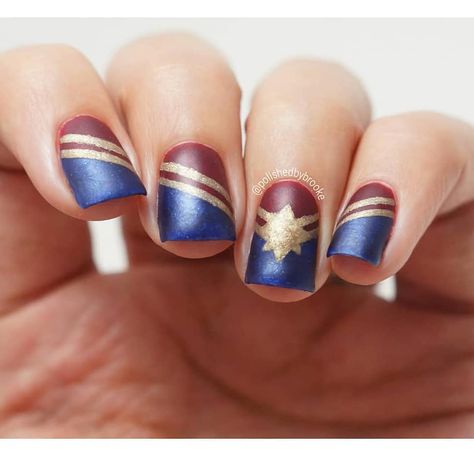 Brooke Lien on Instagram: “Matte version of my Captain Marvel nails! Going to see it again tonight. 😁” Avengers Nail Art, Superhero Nails, Avengers Nails, Nails Lavender, Marvel Nails, Nails Neutral, American Nails, Nude Polish, Heroes And Villains