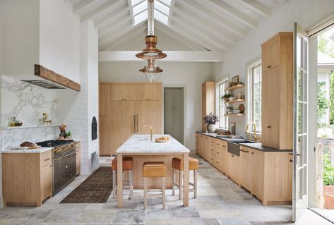 Tall Kitchen Ceilings, 2020 Kitchen Trends, Kitchen Ceilings, French Limestone Floor, Tall Cabinets, Ceiling Kitchen, Light Wood Kitchens, Apron Skirt, Kitchen Larder