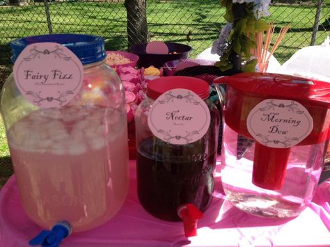 Fairy Party Drink Ideas, Fairy Theme Snacks, Fairy Party Appetizers, Fairy Princess Tea Party, Fairy Themed Drinks, Fairy Party Drinks, Fairy Party Cupcakes, Fairy Lemonade, Fairy Themed Food