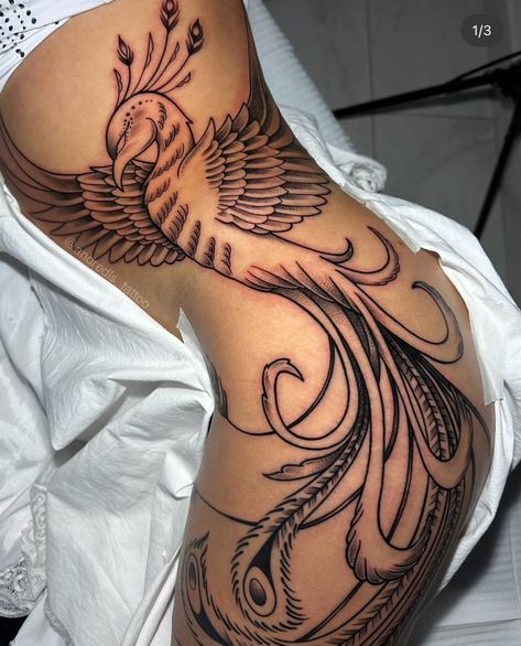 Phoenix Tattoo For Women Leg, Tato Phoenix, Cute Foot Tattoos, Side Tattoos Women, Floral Thigh Tattoos, Mommy Tattoos, Black Girls With Tattoos, Writing Tattoos, Up Tattoo