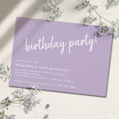 $2.98 | Lilac Purple Lavender | Simple Any Age Birthday #casual birthday party invites, teen girl birthday invitations, any age, simple simplistic modern minimal cute, trendy minimalist laidback informal, adult all ages digital downloadable, text only basic clean typography, pastel pale light purple lavender, stylish feminine script lilac fun Lavender Birthday Party Ideas, Threenage Dream, Casual Birthday Party, Girl Birthday Invitations, Purple Birthday Card, Lavender Party, 29 Birthday, Bday Party Invitations, 18th Birthday Decorations