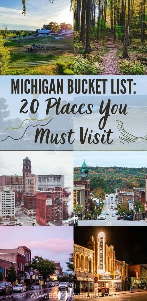 20 places you MUST visit when traveling to Michigan. From the popular Detroit, Traverse City, Sleeping Bear Dunes National Lakeshore, to lesser known local spots, this list will help you plan the best Michigan itinerary for your trip. #Michigan Michigan Itinerary, Places To Visit In Michigan, Things To Do In Michigan, Pictured Rocks National Lakeshore, Isle Royale National Park, Harbor Springs, Sleeping Bear, College Town, Mackinac Island