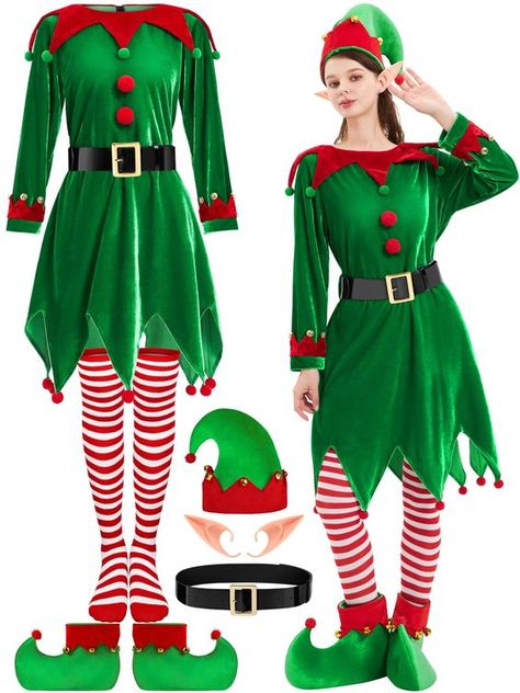 PRICES MAY VARY. Complete Elf Costume for Women: 1 elf velvet dress with bells, comes with 1 elf hat, 1 pair of elf shoes, 1 black belt, 1 pair of elf ears and 1 pair of striped knee stockings Effortless Fit and Style: The zipper at the back of the elf dress fits your body better and the bells are more pleasant. The Velcro design of elf shoes makes it fit your feet better Christmas Outfits for Women: The womens elf dress has 6 different sizes for your to choose from S-3XXL and the adjustable bel Santa's Helper Costume, Christmas Outfits For Women, Christmas Elf Costume, Elf Dress, Elf Shoes, Costume For Women, Elf Costume, Christmas Outfits Women, Elf Ears