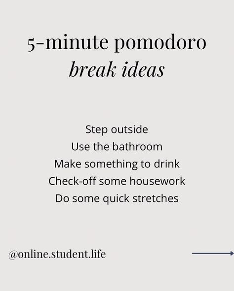 10 things to do on a short pomodoro break ⏰   📍Save this post to maximize your study sessions!   Did you know that a study published by the British Journal of Educational Psychology found that students who “[Took] pre-determined, systematic breaks during a study session…appeared to have efficiency benefits (i.e., similar task completion in shorter time) over taking self-regulated breaks.”   So the next time you’re wondering how to recharge during your next 5-minute pomodoro break, swipe throu... Study Session, Study Sessions, Educational Psychology, Knowing You, Did You Know, Psychology, Things To Do, The Outsiders, The Next