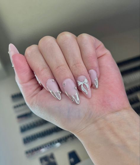 Silver Coquette Nails, Silver Valentine Nails, Chrome Nails With Bow, Silver Bow Nails, Chrome Bow Nails, French With Gems, Silver Chrome French Tip Nails, Buchifresa Nails, Silver Chrome French Tip