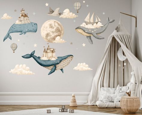 Whale Wall Decals, Ocean Nursery, Nursery Mural, Watercolor Whale, Fabric Wall Decals, Nursery Wall Stickers, Castle Wall, Dream Wall, Kids Wall Decals