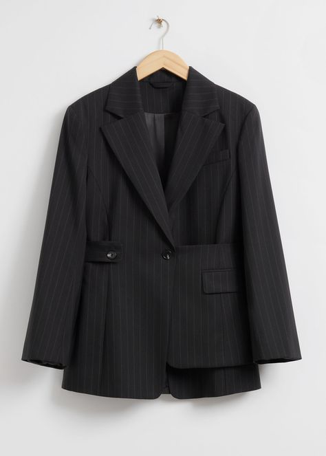 Oversized Reconstructed Pinstripe Blazer - Pinstriped Black - & Other Stories WW Pinstripe Blazer, Single Button Blazer, Oversized Blazer, Fashion Story, Blazer Buttons, Lapel Collar, Vintage Jeans, Chest Pocket, Oversized Fits