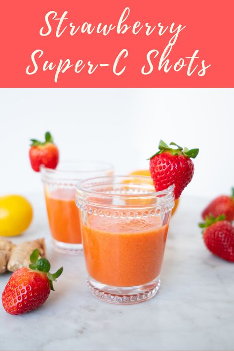 These tasty juice shots with strawberries, orange juice, lemon juice, carrot juice, turmeric, ginger, and black pepper have 2/3 of your daily value of vitamin C! Recipe by Whitney English. #californiastrawberries #supercshot #juiceshots #vitaminc #nutriton #registeredietitian #strawberryrecipes #fruitjuice #plantbased Juice With Strawberries, Vitamin C Shot Recipe, Juice Shots Recipes, Vitamin Shots, Healthy Shots, Farm Advertising, Strawberry Shots, Juice Carrot, Ginger Shot Recipe