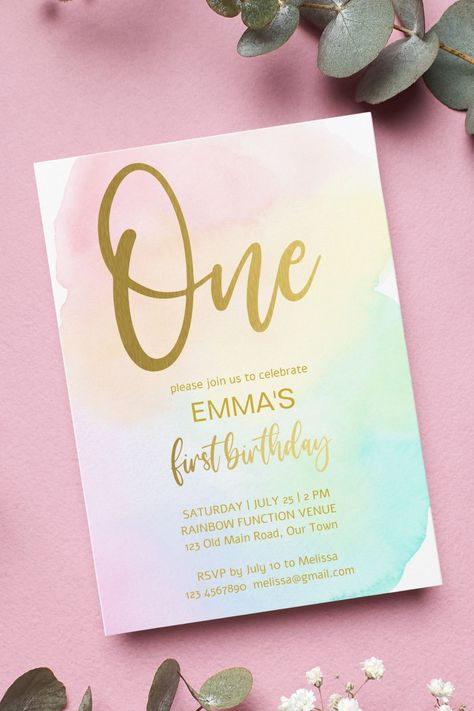 Pastel rainbow ombre first birthday party invitation template instant download Rainbow Themed Birthday Party, Rainbow Birthday Invitations, Baby Birthday Invitations, Pastel Birthday, Bday Invitations, Rainbow Ombre, Rainbow Birthday Party, Birthday Party Invitation Templates, 10th Birthday Parties