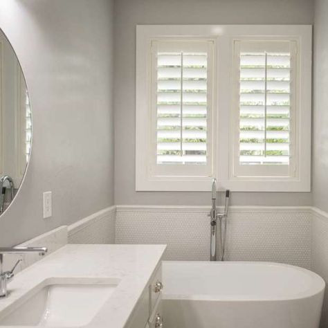 Studio shutters are an affordable & durable option for interior window treatments that won't chip, crack, warp or split! Get a free in-home consultation today! Bathroom Window Coverings, Small Bathroom Window, Indoor Shutters, Bath Window, Bathroom Freestanding, Bathroom Window Treatments, Custom Shutters, Window In Shower, Interior Shutters