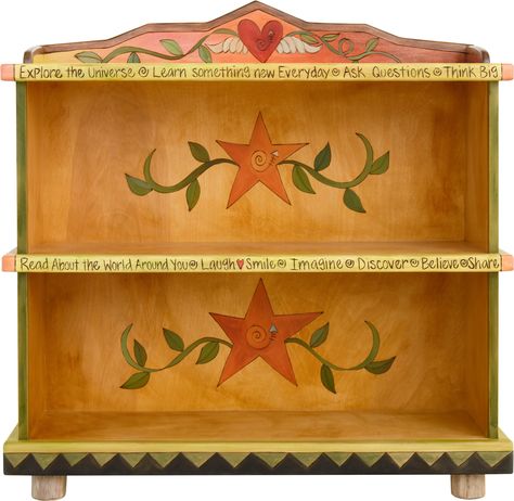 Short Bookcase –  Reading themed bookcase to inspire your kiddos Painted Bookcase, Painting Bookcase, Sticks Furniture, Small Bookcase, Des Moines Iowa, Follow Your Heart, House Room, Folk Art Painting, Top Shelf