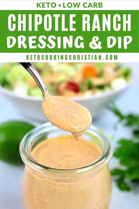 Keto Chipotle Ranch Dressing This smoky, spicy and creamy ranch salad dressing has the most amazing flavor with just a slight bit of a kick from the added Chipotle pepper. #ketoranch #ketochipotleranch #ketosaladdressing Healthy Chipotle Ranch Dressing, Chipotle Ranch Dipping Sauce, Keto Taco Salad Dressing, Keto Chipotle Sauce, Keto Dressing Recipes, Keto Salad Dressing Recipes, Chipotle Ranch Dressing Recipe, Keto Chipotle, Chipotle Salad Dressing