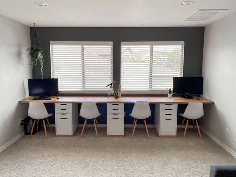 Multiple Desks In One Office, Small Home Office Ideas 2 Desks, 3 Person Desk Work Stations, Home Office 4 People, Small Shared Home Office, Ikea Office For 2, Multiple Desks In One Room, 3 Person Desk, Home Office Design For Two