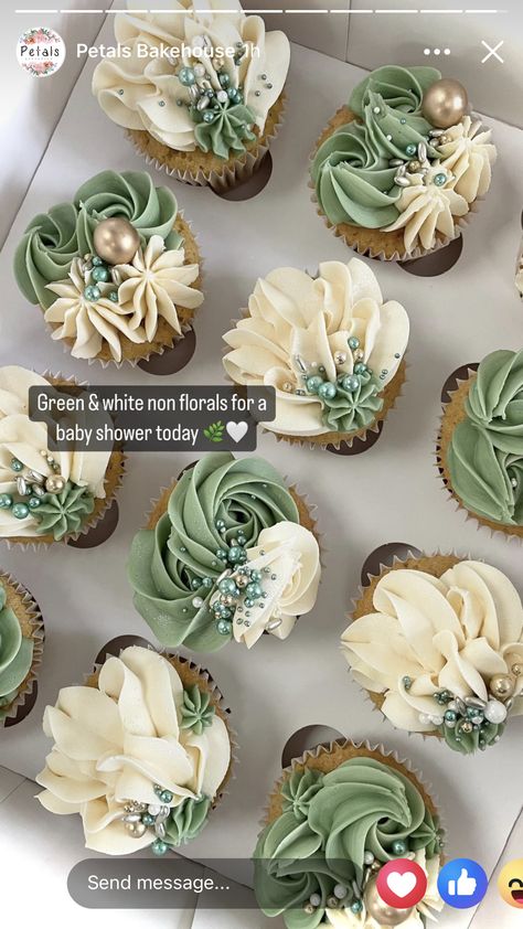 Orange And Green Cupcakes, How To Get Sage Green Frosting, Beautiful Cupcakes Birthday, Buttercream Frosting Recipe Easy, White Cake Cupcakes, Bridal Shower Treats, Wedding Foods, Green Cupcakes, Decorated Cupcakes