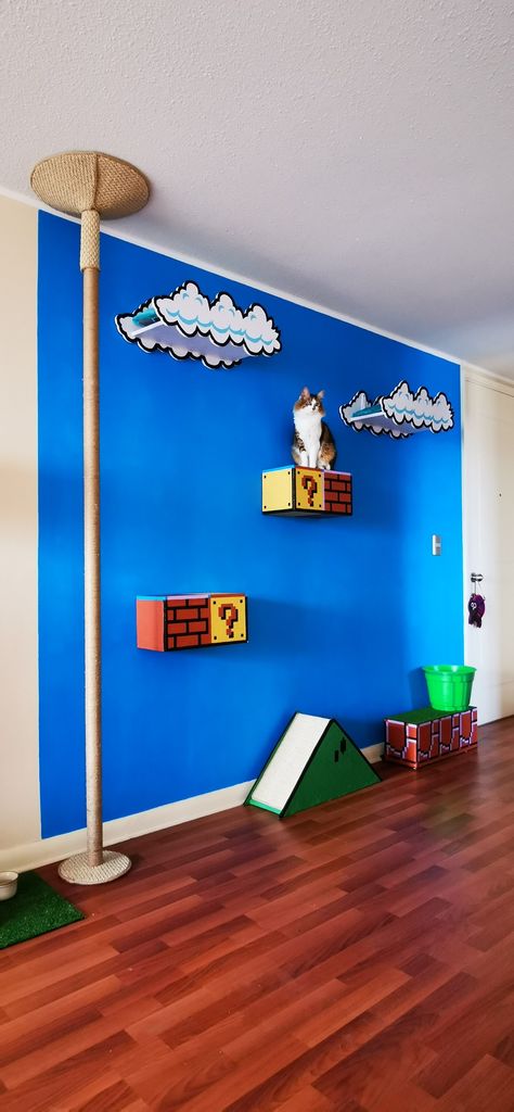 Mario Themed Cat Tree, Cat Spaces In Home Diy, Super Mario Cat Tree, Super Mario Cat Wall, Mario Cat Tree, Mario Cat Wall, Diy Cat Decor, Diy Mario Decor, Cat Playground Indoor Diy