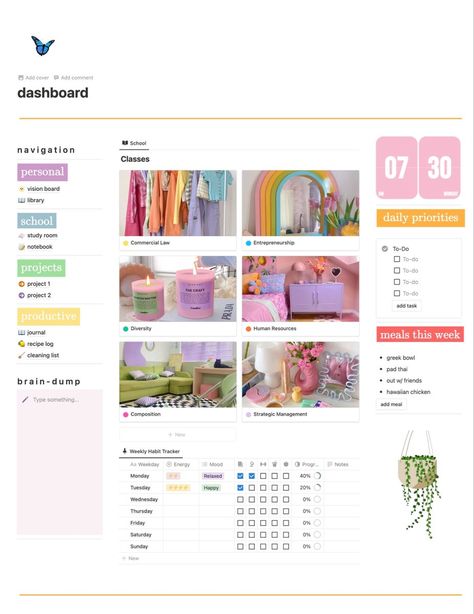 Notion Dashboard Homepage Bright & Colorful - Colorful Notion Template, Notion Dashboard Ideas Aesthetic, Work Notion, Organisation Aesthetic, School Notion, Notion Templates For Students, Study Planner Free, Free Notion Templates, Notion Workspace