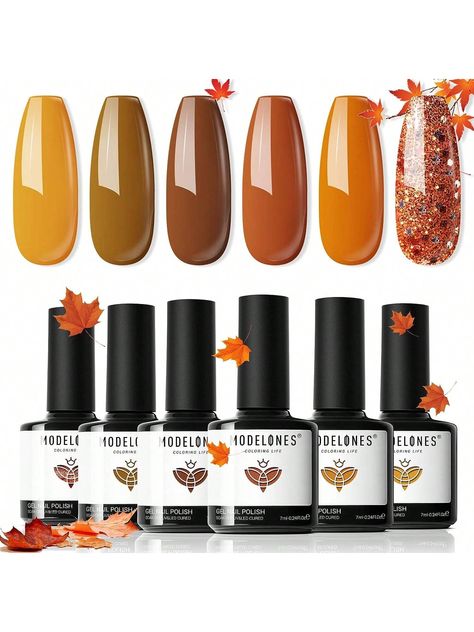 [Limited Edition Fall 2024 Gel Nail Polish Set]: modelones gel polish 6 colors, 7ml(0.24oz) each bottle. Well-selected 6 of the most iconic and trendsetting colors, suitable for any holiday, special event and daily routine life. Popular and trendy Golden Brown Orange Glitter colors gel nail polish kit, bring you the hassle-free manicure for a small fee.  [28 Days No Peel-off & Bubble Free]: This fall gel nail kit uses better natural formula, which is smooth and rich in pigmentation, easier to apply. Say Goodbye to Air-bubble and Peel-off problems, with our exclusive easy-glide brush for quick, easy, even, professional application on nails, spend 3 minutes and get the High Gloss Shine nail art last for 28+ days.  [Salon Quality & Healthy Mani]:Modelones Fall Trend Orange Yellow gel nail set Gel Nail Set, Fall Nail Polish, Fall Gel Nails, Glitter Gel Polish, Gel Nail Kit, Nail Polish Kits, Nail Polish Set, Gel Nail Polish Set, Glitter Nail Polish