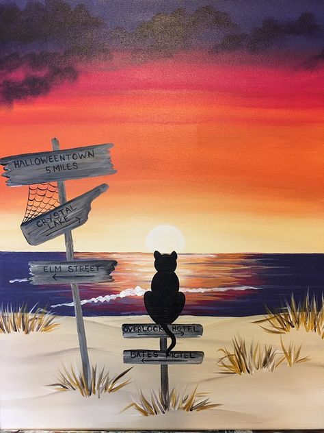 Spooky Beach, Scary Paintings, Pinots Palette, Fall Beach, Moon Silhouette, Spooky Movies, Sip N Paint, Holiday Painting, Halloween Painting