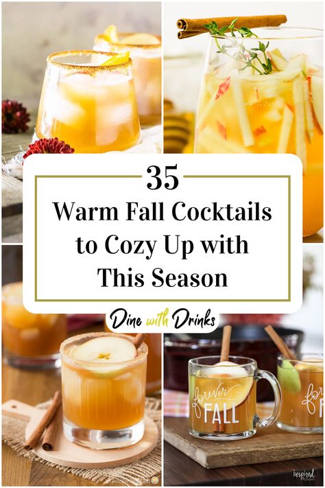 Collage of 4 warm fall cocktails. Fall Alchol Drinks, Hot Fall Drinks With Alcohol, Warm Fall Cocktails, Hot Fall Drinks, Fall Drinks Alcohol, Fall Punch Recipes, Fall Cocktail Recipes, Warm Drinks Recipes, Fall Cider