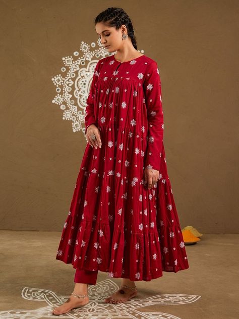 Buy Red Printed Anarkali Cotton Mul Kurta with Pants Set of 2 | PCK08/PICA14SEP Red Eastern Dresses, Mul Cotton Dresses, Anarkali Cotton Kurti, Cotton Anarkali Dress, Block Printing Designs, Cotton Anarkali Kurta, Cotton Dress Indian, Boutique Suit, Cotton Suit Designs