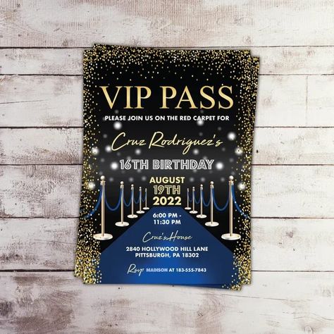 EDITABLE VIP Pass Birthday Invitation, Blue Carpet Hollywood Birthday Invite, Red Carpet Sweet 16 Invitation, Boy Hollywood Party Template - Swift Design by Madison Red Carpet Party Invitations, Hollywood Party Invitations, Hollywood Invitations, Red Carpet Sweet 16, Baseball Party Invitations, Hollywood Birthday, Hollywood Party Theme, Red Carpet Party, Hollywood Red Carpet