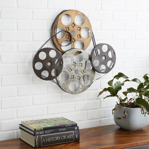 Decmode - 3D Metal Film Reel Wall Decor, 25" x 22" - Walmart.com Movie Reel Decor, Picture Rails, Theater Room Decor, Desktop Gadgets, Dinner Theater, Theater Decor, Home Theater Room Design, Theater Room Design, Movie Room Decor