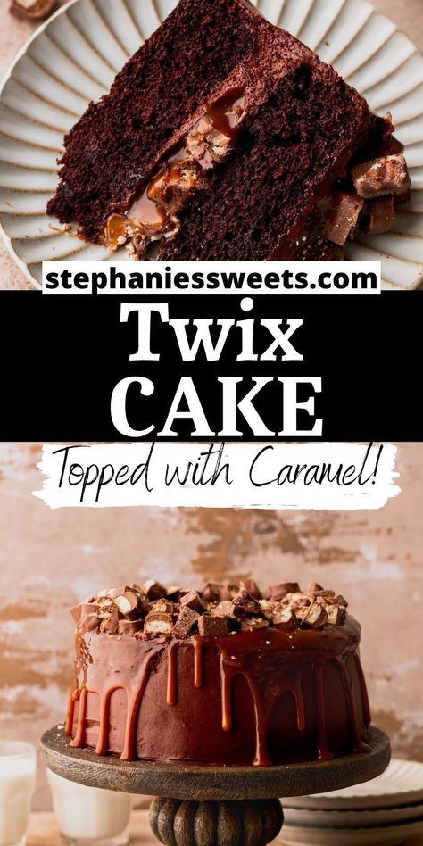 This Twix cake is a layered chocolate cake filled with salted caramel and Twix bar pieces. It is topped with chocolate frosting, caramel drip and extra Twix pieces. Twix Cake Recipe, Twix Cake Birthday, Book Bakery, Chocolate Layered Cake, Twix Cake, Layered Chocolate Cake, Sliced Cake, Mini Chocolate Cake, M&m Cake