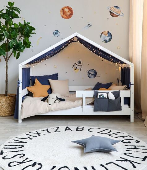 Boys Bed Canopy, Diy House Bed, Baby Bed Canopy, Montessori House Bed, Montessori House, Ikea Kids Room, Canopy Bed Curtains, Baby Corner, Ikea Kids