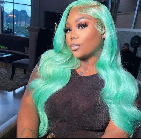 Get ready to slay with our new Mint Green Body Wave Lace Front Wig! Made from high-quality human hair and featuring a transparent HD lace base, this colored glueless wig offers a natural look and long-lasting wear. The link to this unit is in the comment section. #greenhair #mint #bellahaircrownz #wigs #fypシ #foryou Mint Green Side Part Wig, Turquoise Wig, Mint Green Hair, Body Wave Lace Front Wig, Wave Lace Front Wig, Braided Hairstyles For Black Women Cornrows, Creative Hair Color, Green Wig, Virgin Hair Wigs