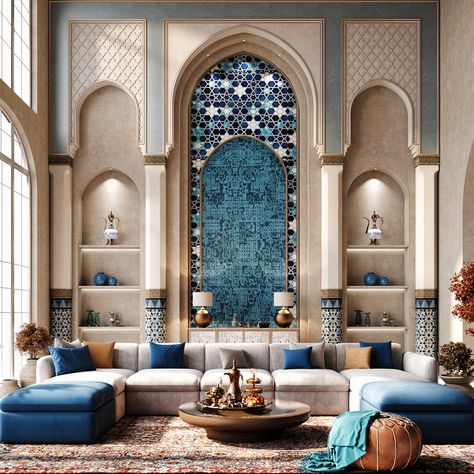 Turkish Interior Design Modern, Majlis Modern, Contemporary Moroccan Interiors, Arabian Interior Design, Islamic Collage, Indian Mansion, Hotel Suite Plan, Marrakech Interior Design, Arabian House Design