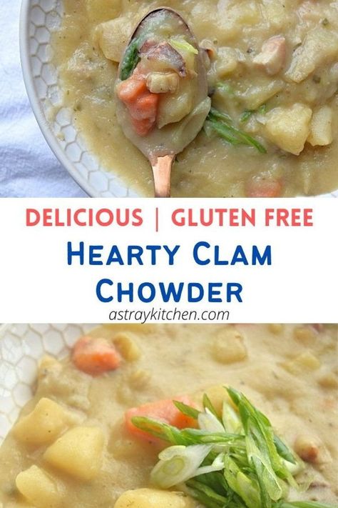 Delicious Gluten Free Clam Chowder! Everyone claims that theirs is the best, but I assure you, this is IT! A hearty clam chowder recipe that is sure to please a crowd. Gluten Free Clam Chowder, Clam Chowder Recipe, Food Dessert Recipes, Gluten Free Dinner Recipes, Yukon Potatoes, Soup And Stew Recipes, Caveman Diet, Chowder Recipe, Creamed Potatoes