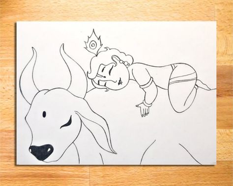 How to Draw Little Krishna Sleeping on the Cow | Easy Lord Krishna Drawing for Beginners || lord krishna drawing, shree krishna drawing, how to draw lord krishna, lord krishna pencil drawing, easy drawing of lord krishna, shree krishna thakur line art, lord krishna drawing ideas, art videos, drawing of god, hindu god drawing, pencil drawing for beginners, simple drawing, line arts, drawing tutorial, vivek art academy. Krishan Ji Drawings Easy, Lord Krishna Sketch Pencil Easy, Krishna Sleeping, Krishna Line Art, Hindu God Drawing, God Drawing Easy, Drawing Of God, Krishna Drawing Ideas, Shree Krishna Drawing