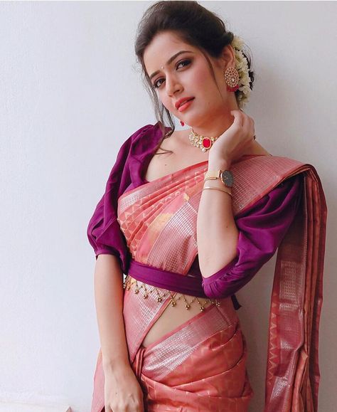 Puffed Sleeves Blouse, Velvet Blouse Design, Ashika Ranganath, Latest Silk Sarees, Saree With Belt, Sari Design, Orange Saree, Blouse Back Neck Designs, Saree Poses