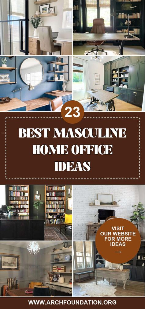 Make your home office stand out with these 23 masculine design ideas, offering a mix of sleek furniture, bold accents, and strong color palettes for a sophisticated workspace. Modern Men Office, Masculine Home Office Ideas Small Space, Mancave Office Modern, Men’s Home Offices, Masculine Therapy Office, Black And Natural Wood Office, Executive Home Office For Men, Man’s Office Ideas, Diy Men’s Office Decor