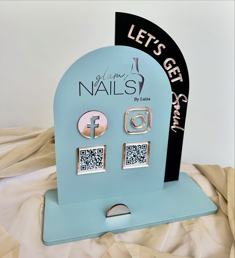 Social Media Sign + Business Card Holder for @glam.nails_jsy ✨ The perfect way to display your business cards with QR codes to guide customers to your website, socials, to book an appointment or to take payments! The options are endless 🙌🏽 Complete with your business logo in a range of colours to match your business branding 🤩 DM for orders 💭 #businesscards #businesscard #businesscardsdesign #businesscarddesigns #businesscardholder #businesscardholders #businesswoman #femaleentrepreneur ... Business Qr Code Display, Glowforge Projects, Glow Forge, Home Nail Salon, Sign Business, Social Media Signs, Glam Nails, Business Card Holder, Book An Appointment