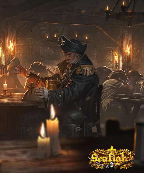 CyberClays — Seafight: Pirate Tavern - by Grzegorz Rutkowski... Sail Punk, Pirate City, The Caribbean Aesthetic, Pirates Of The Caribbean Aesthetic, Black Green Lantern, Pirates Art, Pirate Tavern, Caribbean Aesthetic, Medieval Tavern