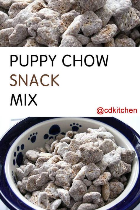 Puppy Chow Snack Mix - Crispix cereal is coated in chocolate and peanut butter and dusted with powdered sugar to make an addicting snack mix (for humans only please!) | CDKitchen.com Crispix Snack Mix Recipe, Crispix Snack Mix, Puppy Chow Crispix Recipe, Healthy Puppy Chow, Puppy Chow Snack Mix Recipe, Lemon Puppy Chow, Easy Puppy Chow Recipe, Best Puppy Chow Recipe, Easy Puppy Chow