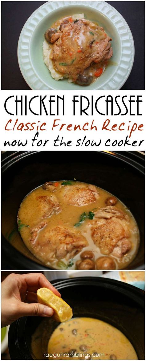 One of my favorite chicken dinner recipes. Slow cooker french chicken fricassee for the crock pot Fricassee Recipes, Dinner Recipes Slow Cooker, French Meals, Crock Pot Lasagna Recipe, French Chicken, French Foods, Chicken Fricassee, Recipes Slow Cooker, Recipes Meat