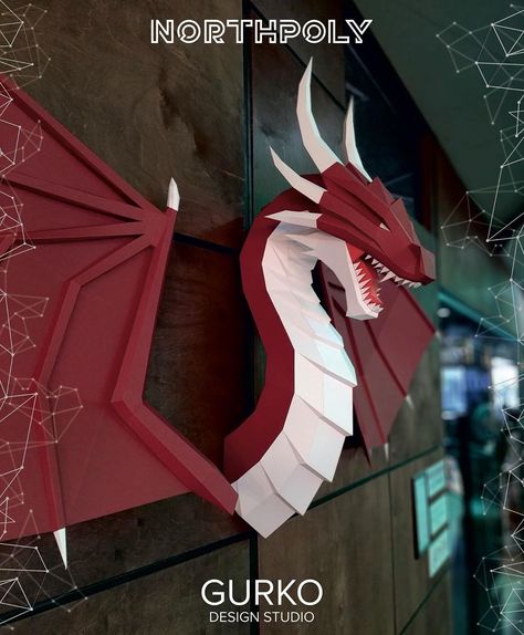 Papercraft🔥 GURKO Studio 🌟 on Instagram: “🌎ENG Fearing dragon in red 🐉 ⠀ 📷 Thanks for the pictures and for the great build @paperlove_md ⠀ ✂️ so that you learn the same size it must…” Origami Rhino, Creative Wall Hanging, Cardboard Animals, Origami Dragon, Geometric 3d, Fake Animals, Origami 3d, Toddler Accessories, Second Hand Shop